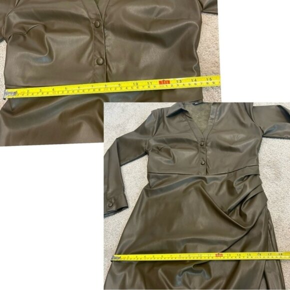 Zara khaki faux leather V-neck belted midi dress lapel collar long sleeve L NWOT - Picture 16 of 16